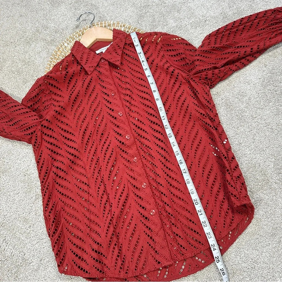 Chico’s Poplin Cutwork Shirt Button Front Longsleeve Lace in Rust Orange Size 6 - Picture 15 of 15